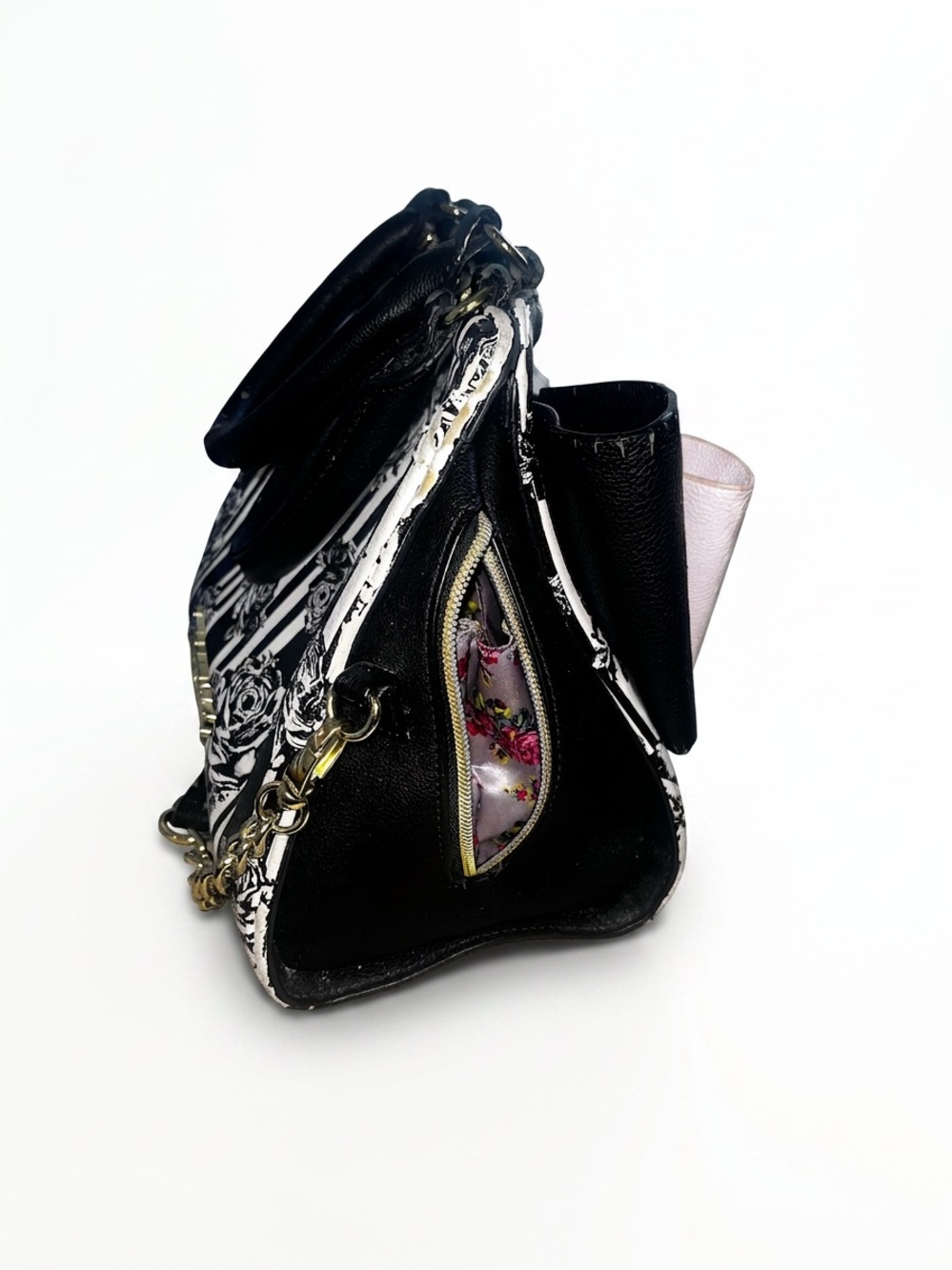 Betsey Johnson Black & Light Pink Floral Bow Shoulder Bag - Picture 2 of 6